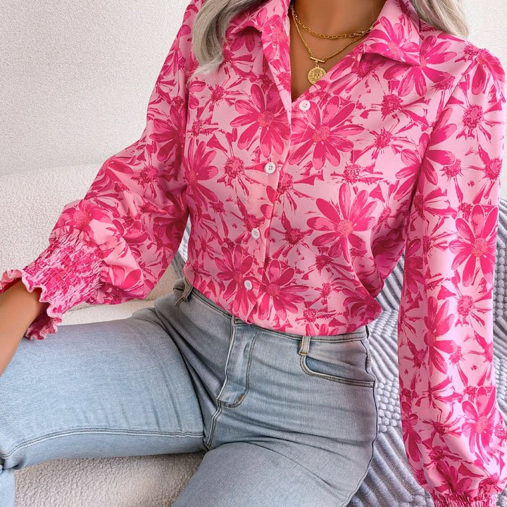 Casual Lapel Button Long Sleeve  Flower Print Shirts