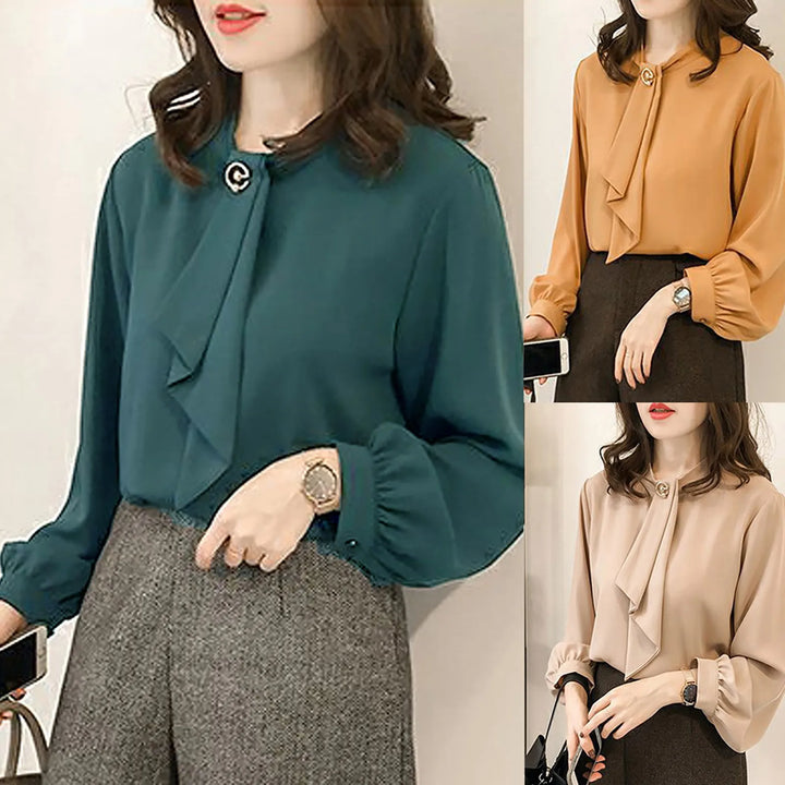 Elegant Lantern Sleeve Blouse - Round Neck Chiffon Office Lady Top