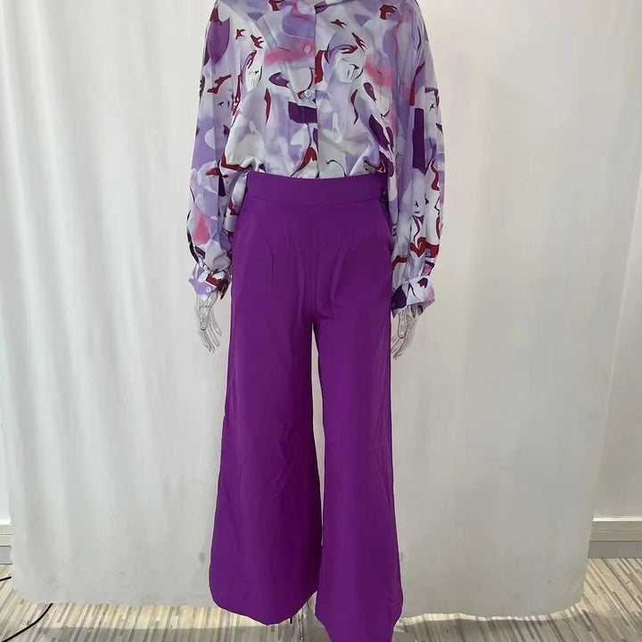 Spring & Autumn 2-Piece Set - Printed Shirt with Elegant Wide-Leg Pants