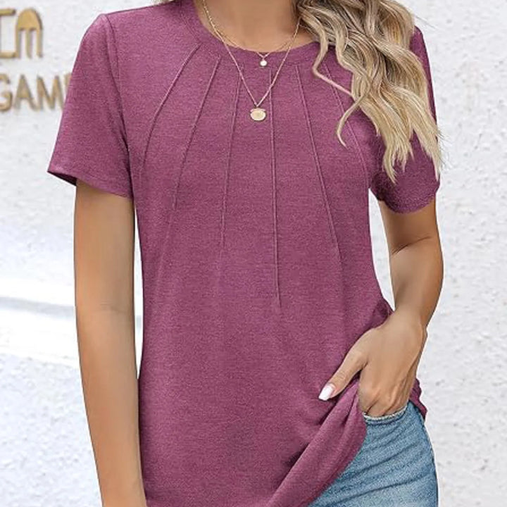 Women's V-Neck Tunic - Puff Sleeve Pleated Casual Summer Blouse