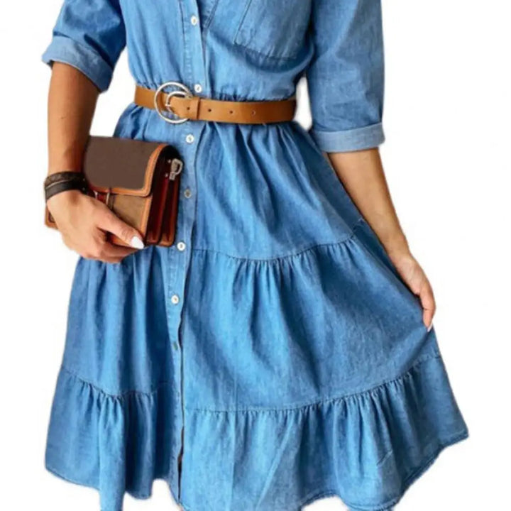 Women's Denim Dress with Three-Quarter Sleeves, Belt, and Ruffle Detail