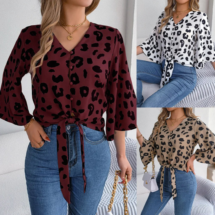 Casual V Neck 3/4 Sleeve Button Front Leopard Print Blouse, Women's Clothing