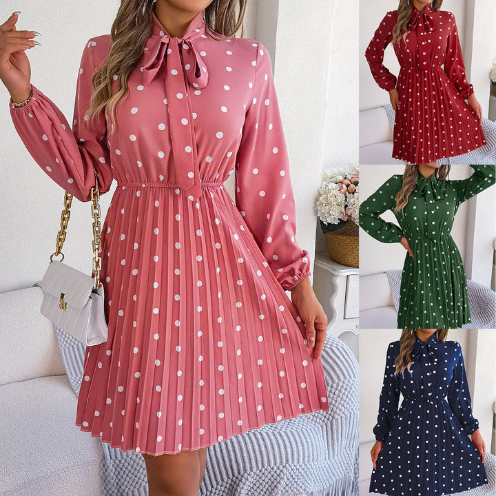 Casual Tie-neck Polka-dot Print Cinched Waist Pleat Dress For Women