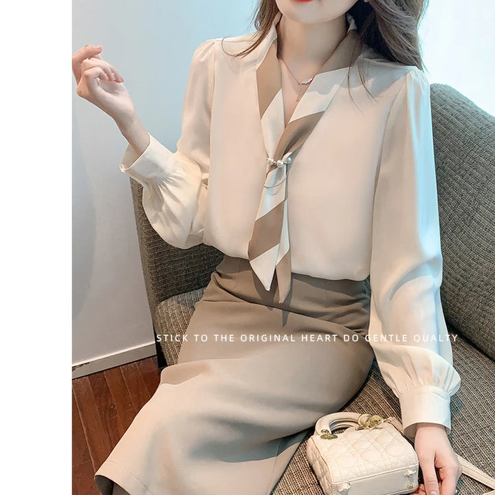 Chiffon Blouse for Women - Elegant Lace-Up V-Neck Long Sleeve Office Top