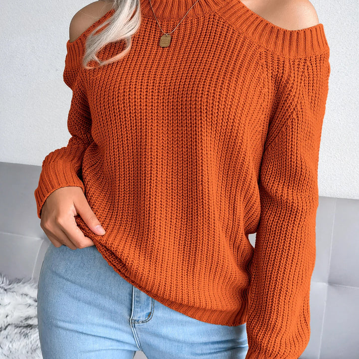 Autumn Winter Solid Color Off-Shoulder Sweater - Crew Neck Long Sleeve Knit Top