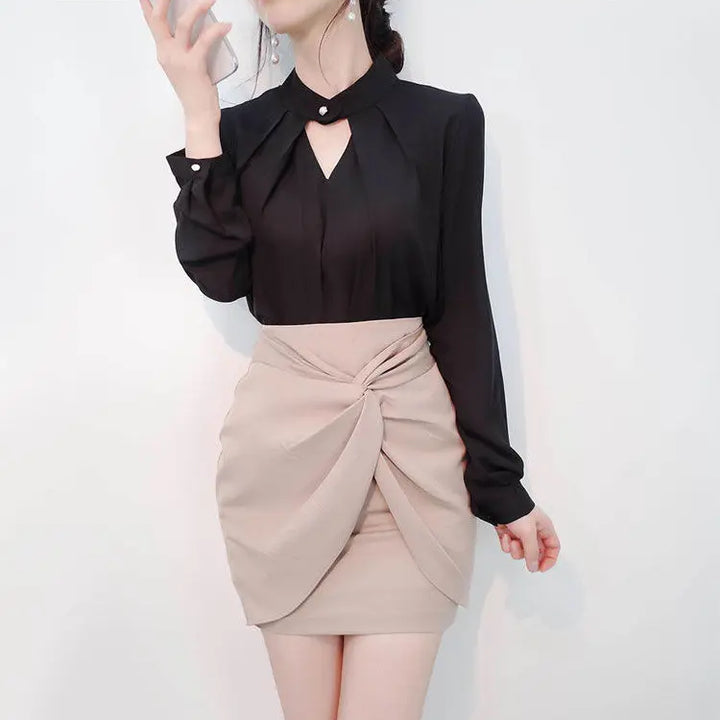 olid Chiffon Blouse - Slim Long Sleeve Hollow Sexy Spring Summer Top