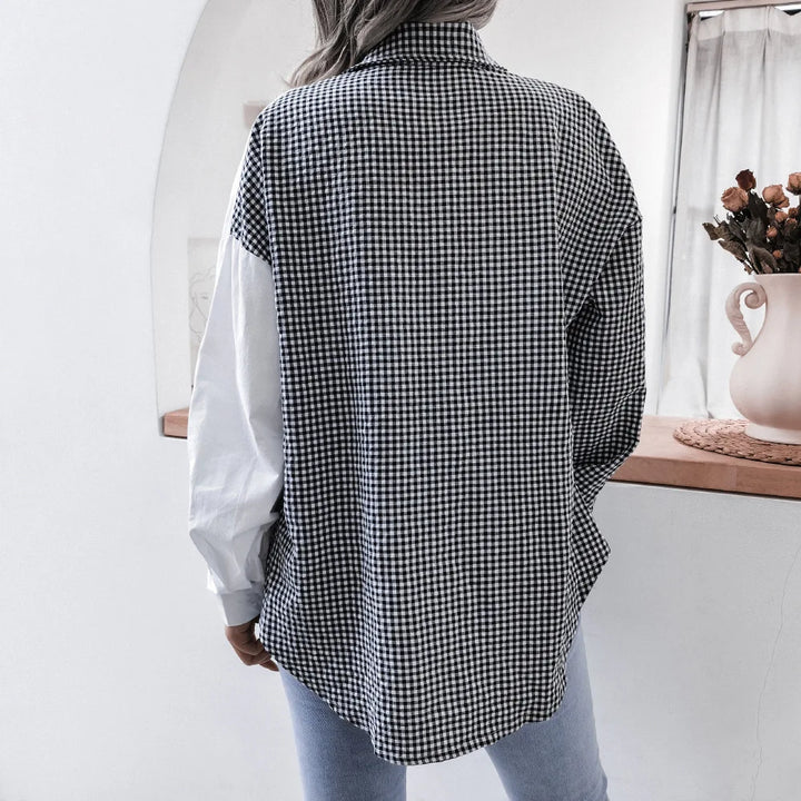 Autumn Casual Turn-down Collar Button Front Plaid Patchwork Long Sleeved Loose Shirt For Women