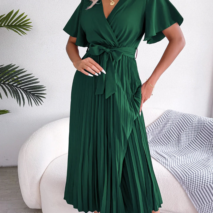 Elegant High Waist Ruffled Sleeve Pleated Maxi Dress