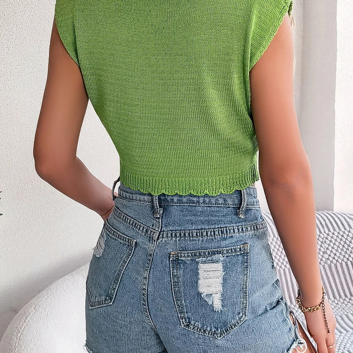 Casual O-Neck Leaf Hollow Out Sleeveless Solid Knitted Tops for Summer Women Vacation Vest