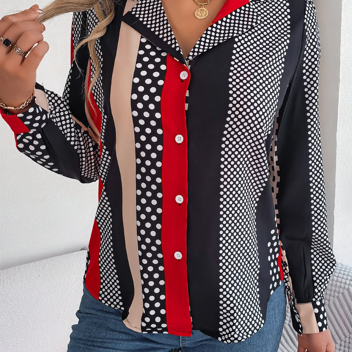 Casual Button Front Long Sleeve Stripe & Polka Dot Print Shirt, Women's Clothing