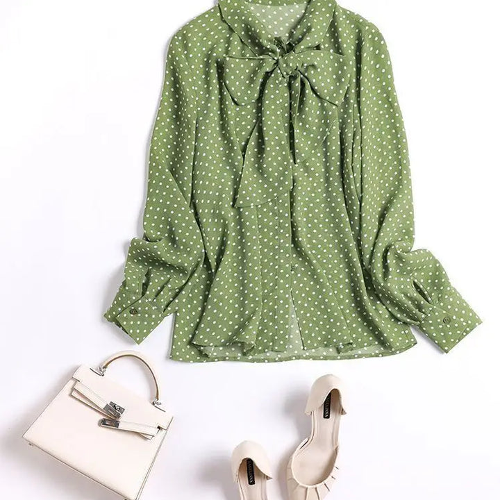 Spring Autumn Shawl Collar Blouse - Bow Polka Dot Long Sleeve Cardigan