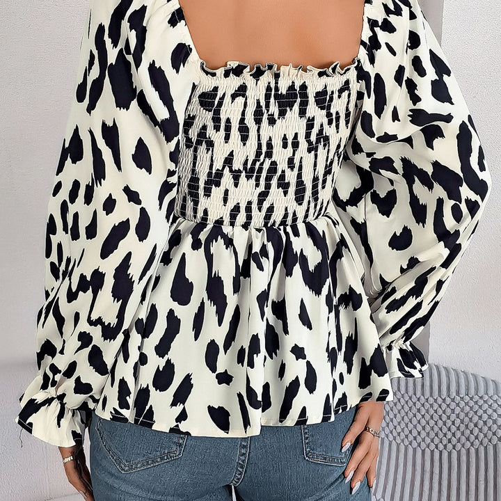 Casual Allover Print Square Neck Shirred Ruffle Hem Blouse