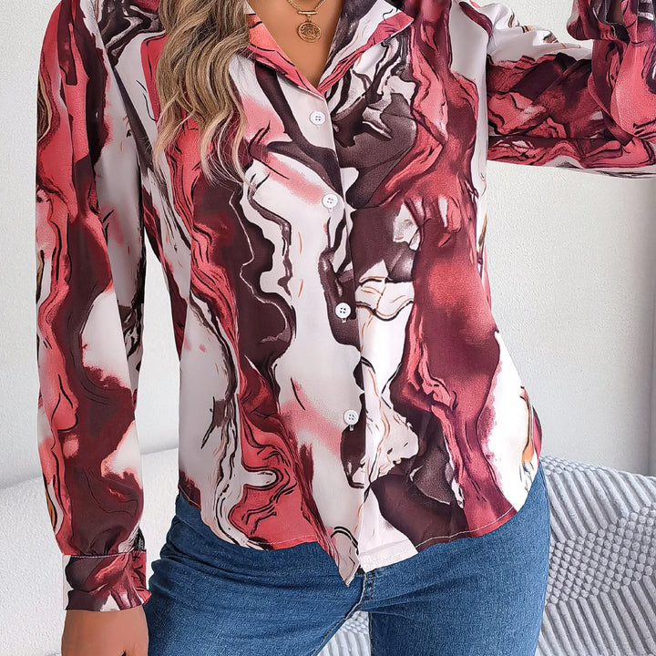 Casual All Over Print Notch Collar Button Long Sleeve Shirt