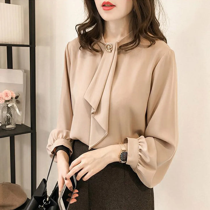 Elegant Lantern Sleeve Blouse - Round Neck Chiffon Office Lady Top