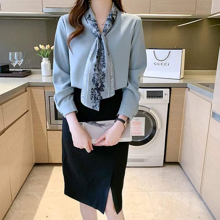 Elegant Autumn Bow Chiffon Blouse - Loose Fit Office Lady Shirt