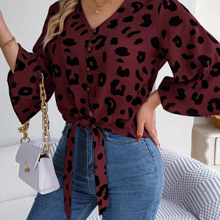 Casual V Neck 3/4 Sleeve Button Front Leopard Print Blouse, Women's Clothing