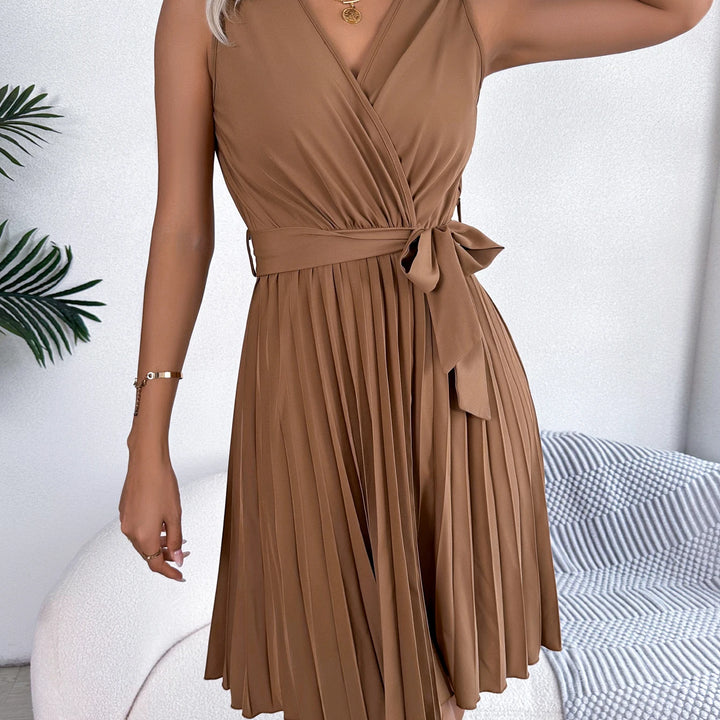 Casual V Neck Solid Sleeveless Versatile Pleated Dress, Women's Clothing