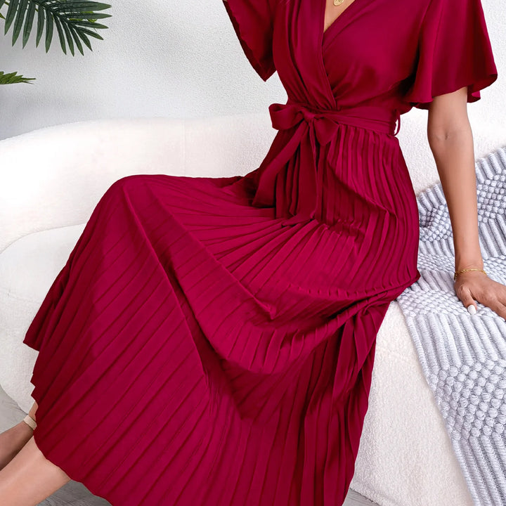 Elegant High Waist Ruffled Sleeve Pleated Maxi Dress