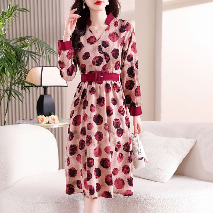 Women's Patchwork V-Neck Dress - Slimming Wave Dot Print Mid-Length Outfit