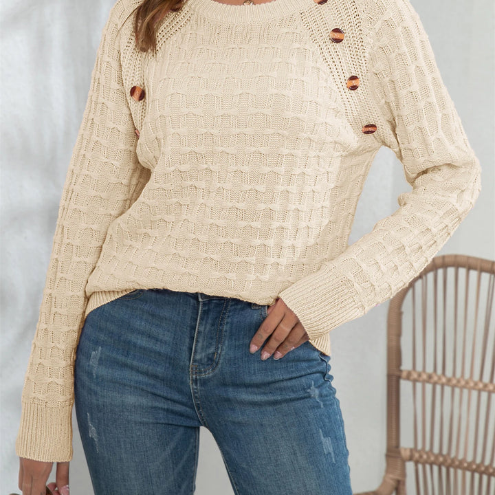 Casual Round Neck Twisted Button Sweater - Long Sleeve Knitted Pullover