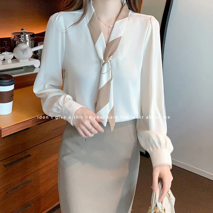 Chiffon Blouse for Women - Elegant Lace-Up V-Neck Long Sleeve Office Top