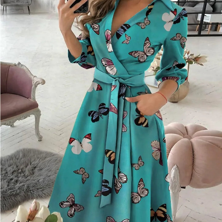 Women's V-Neck Long Sleeve Wrap Dress with various prints