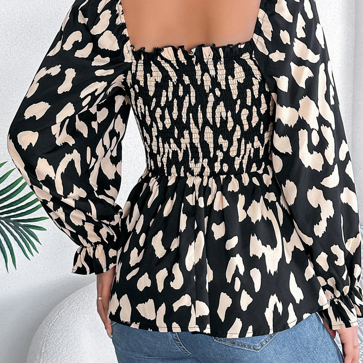 Casual Allover Print Square Neck Shirred Ruffle Hem Blouse