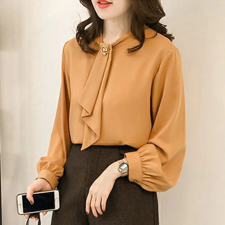 Elegant Lantern Sleeve Blouse - Round Neck Chiffon Office Lady Top