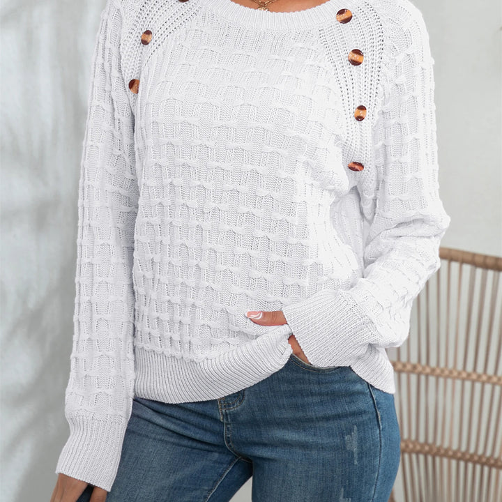 Casual Round Neck Twisted Button Sweater - Long Sleeve Knitted Pullover