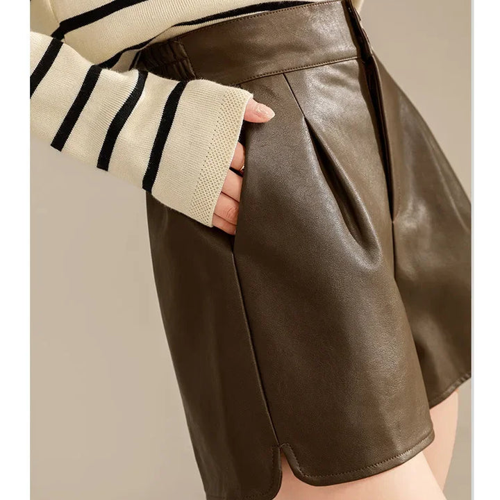 Women's High-Waisted Slimming A-Line Leather Shorts in Coffee Color