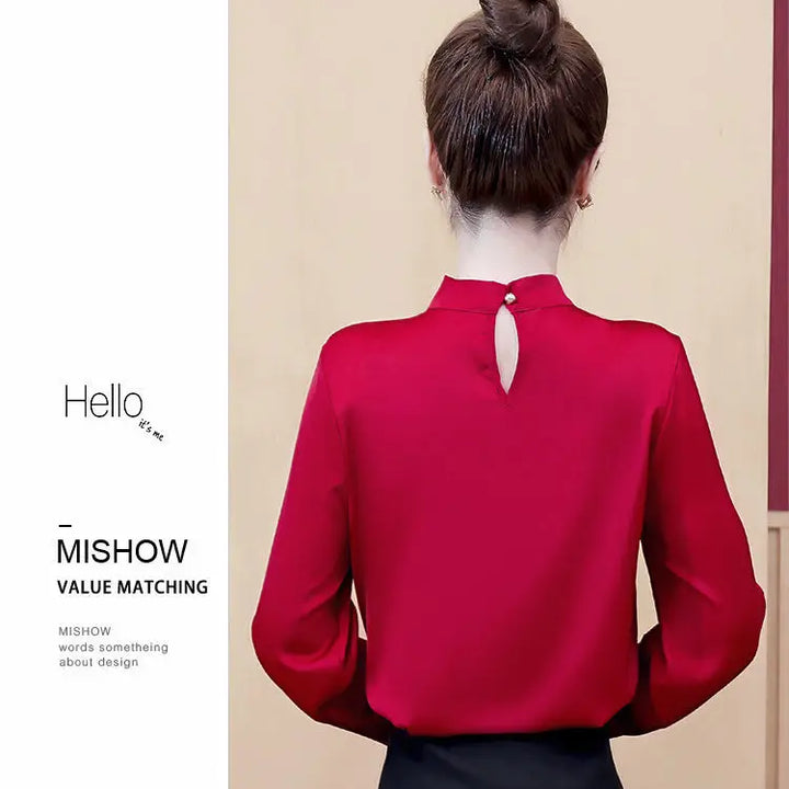 Spring & Summer Satin Shirt - Korean Fashion Bow V-Neck Long Sleeve Top