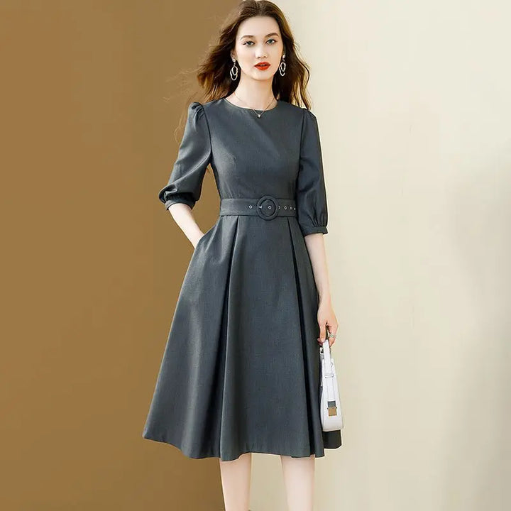 Fashionable Office Midi Dress for Women – Puff Sleeves, A-Line with Belt