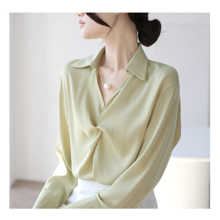 Autumn Casual Turn-Down Collar Blouse - Off-White Chiffon Long Sleeve Shirt