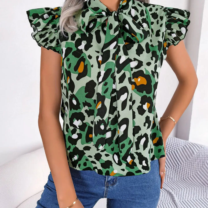 Casual Leopard Print Lace Up Ruffles Chiffon Blouse Women Fashion Summer Bow Tie V neck Top