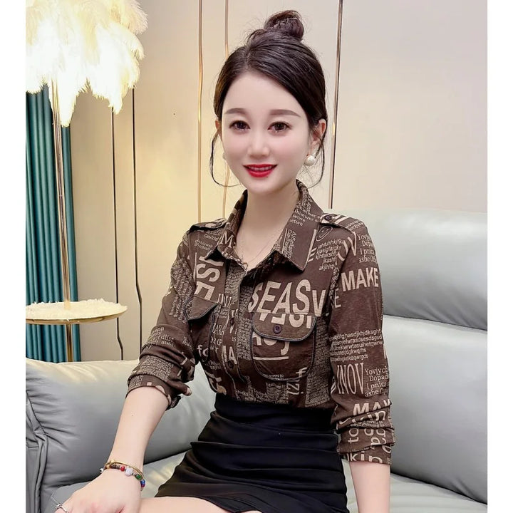 Womens Fashion Button-Up Shirt - Letter Print Lapel Slim Blouse