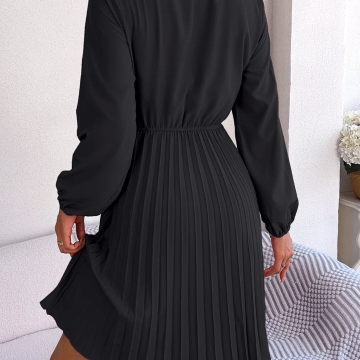 Casual Tie Front Mock Neck Long Sleeve Pleated Dress For Spring & Fall