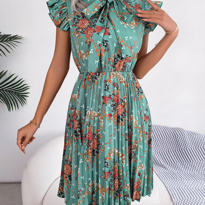 Casual Floral Print Ruffle Trim Slim Waist Pleated Dress