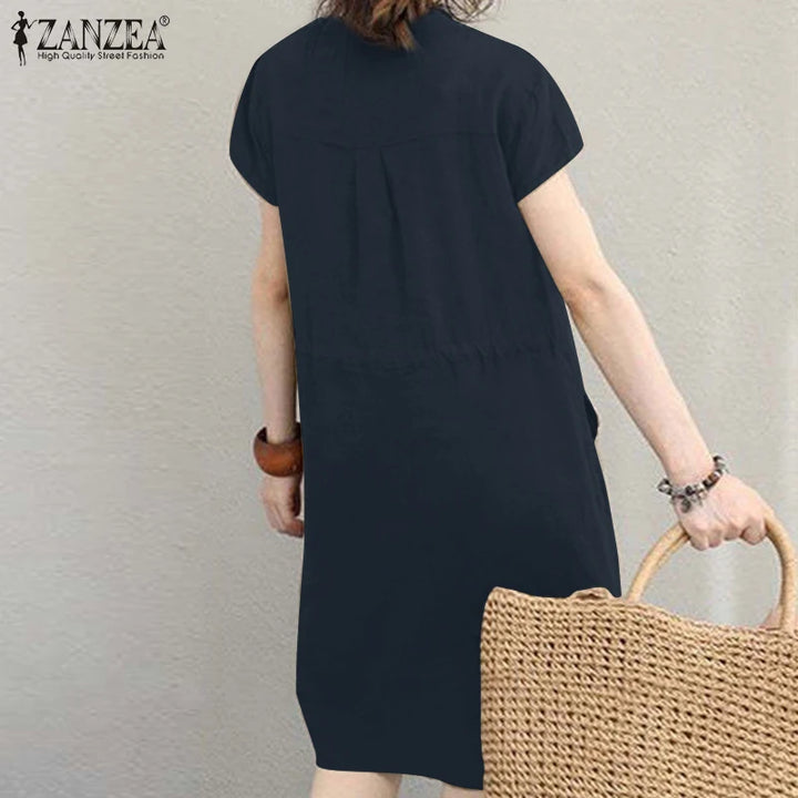 ZANZEA Summer V-Neck Dress - Short Sleeve Drawstring Waist Knee-Length Sundress