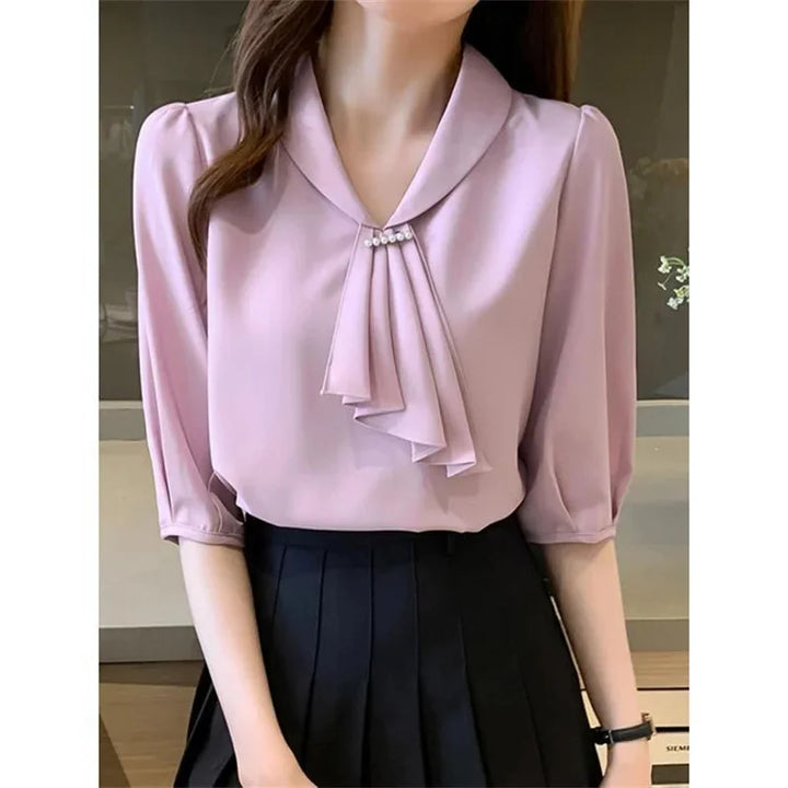 Women Summer Bow Tie Collar Blouse - Short Sleeve Office Pink Shirt