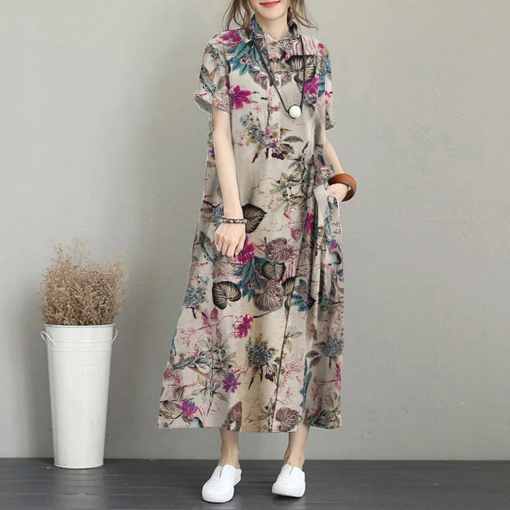 ZANZEA Bohemian Floral Shirt Dress - Summer Retro Lapel Short Sleeve Kaftan