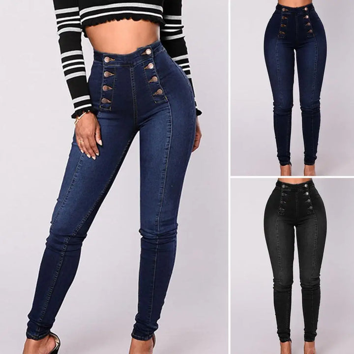 High Waist Push-Up Skinny Jeans – Button Decor, Double-Breasted Style