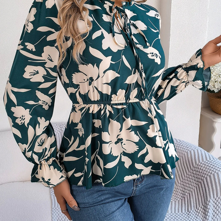 Vacation Style Tie Neck Long Sleeve Waist-tied Floral Print Blouse