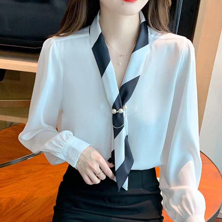 Chiffon Blouse for Women - Elegant Lace-Up V-Neck Long Sleeve Office Top