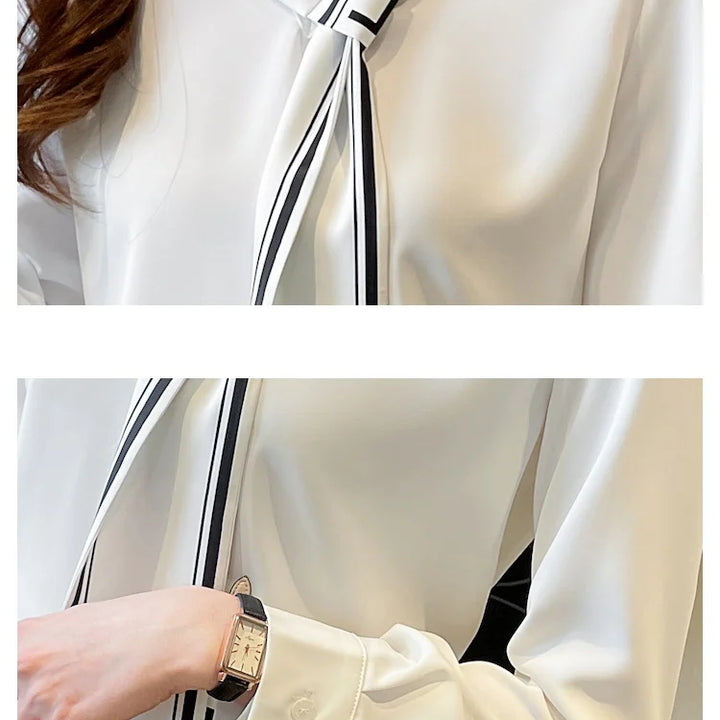 White Chiffon Blouse - Elegant Scarf Collar Long Sleeve Office Top