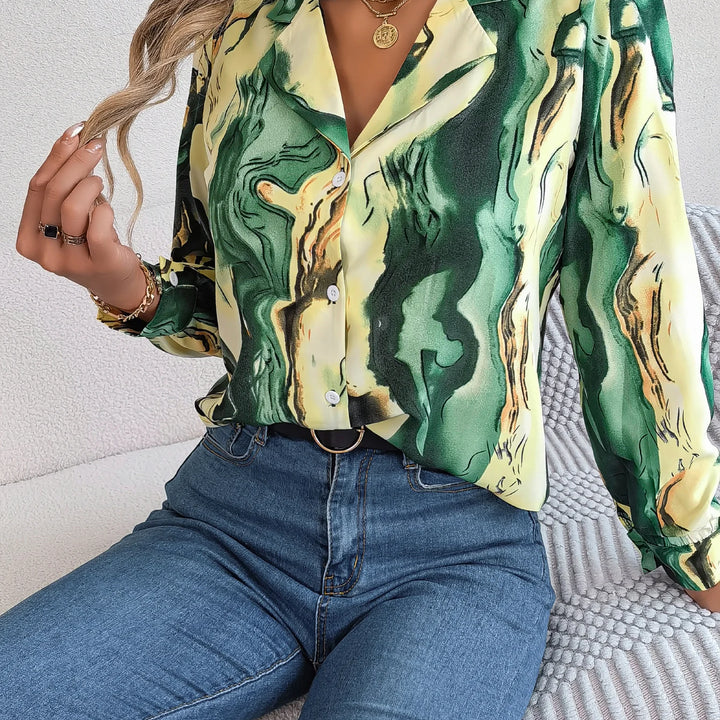 Casual All Over Print Notch Collar Button Long Sleeve Shirt