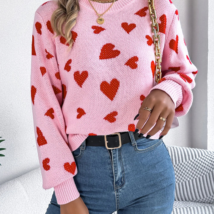 Autumn Winter Love Pattern Knitted Pullover - Round Neck Long Sleeve Sweater