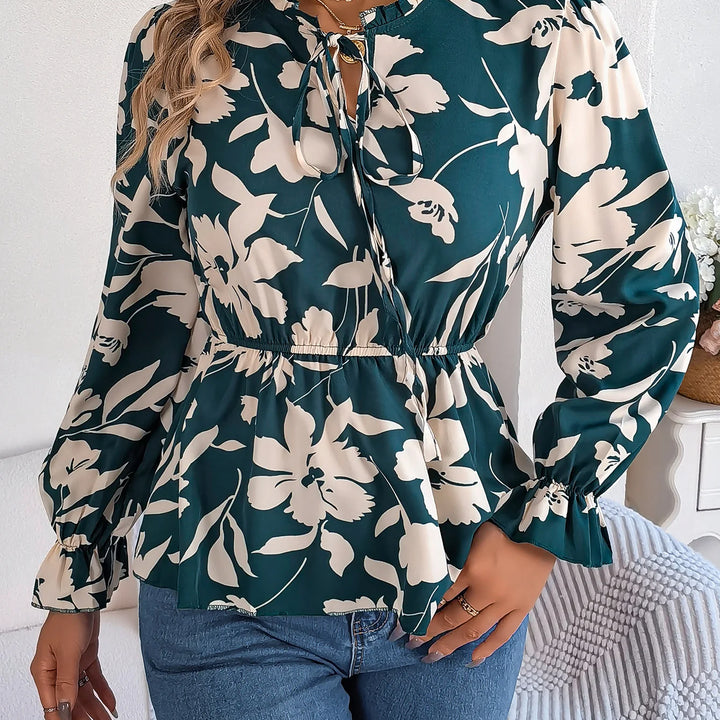 Vacation Style Tie Neck Long Sleeve Waist-tied Floral Print Blouse