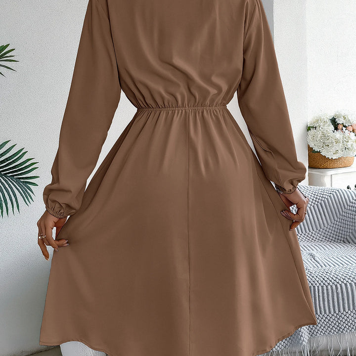 Elegant Button Front Lantern Sleeve Dress - Cinched Waist