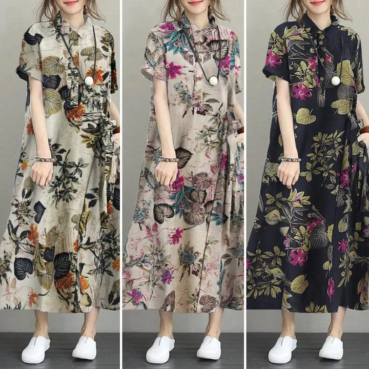 ZANZEA Bohemian Floral Shirt Dress - Summer Retro Lapel Short Sleeve Kaftan