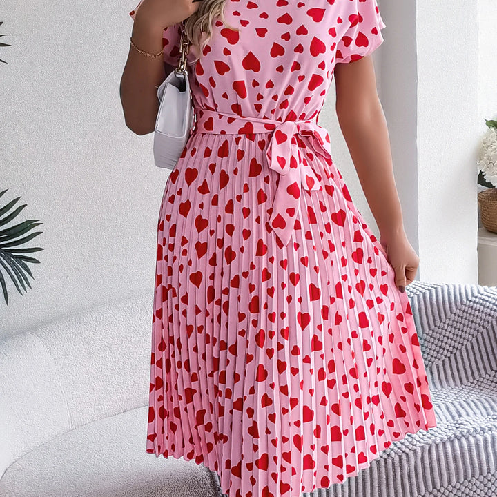 Spring Summer Elegant Love Print Dress Short Sleeve Folded Dresses